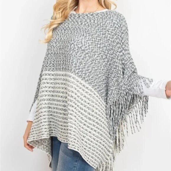 Sweaters - Casual fringe details knit sweater poncho